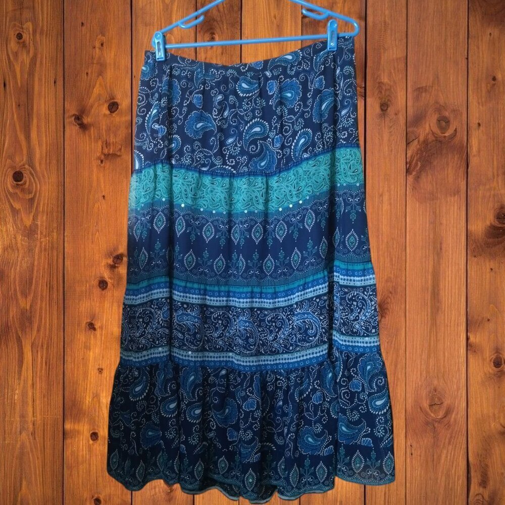 JM Collection Blue Paisley Print Boho Full Maxi Skirt Flowy Size 14 Peasant